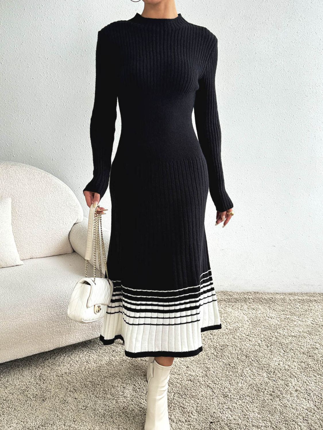Contrast Mock Neck Long Sleeve Sweater Dress Lovely Diva Contrast Mock Neck Long Sleeve Sweater Dress Lovely Diva