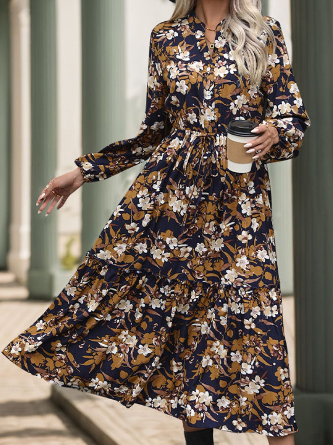 Perfee Printed Notched Long Sleeve Midi Dress Lovely Diva Perfee Printed Notched Long Sleeve Midi Dress Lovely Diva