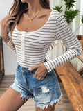 Perfee Striped Half Button Scoop Neck Long Sleeve Bodysuit