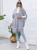 Fringe Trim Buttoned Hooded Poncho