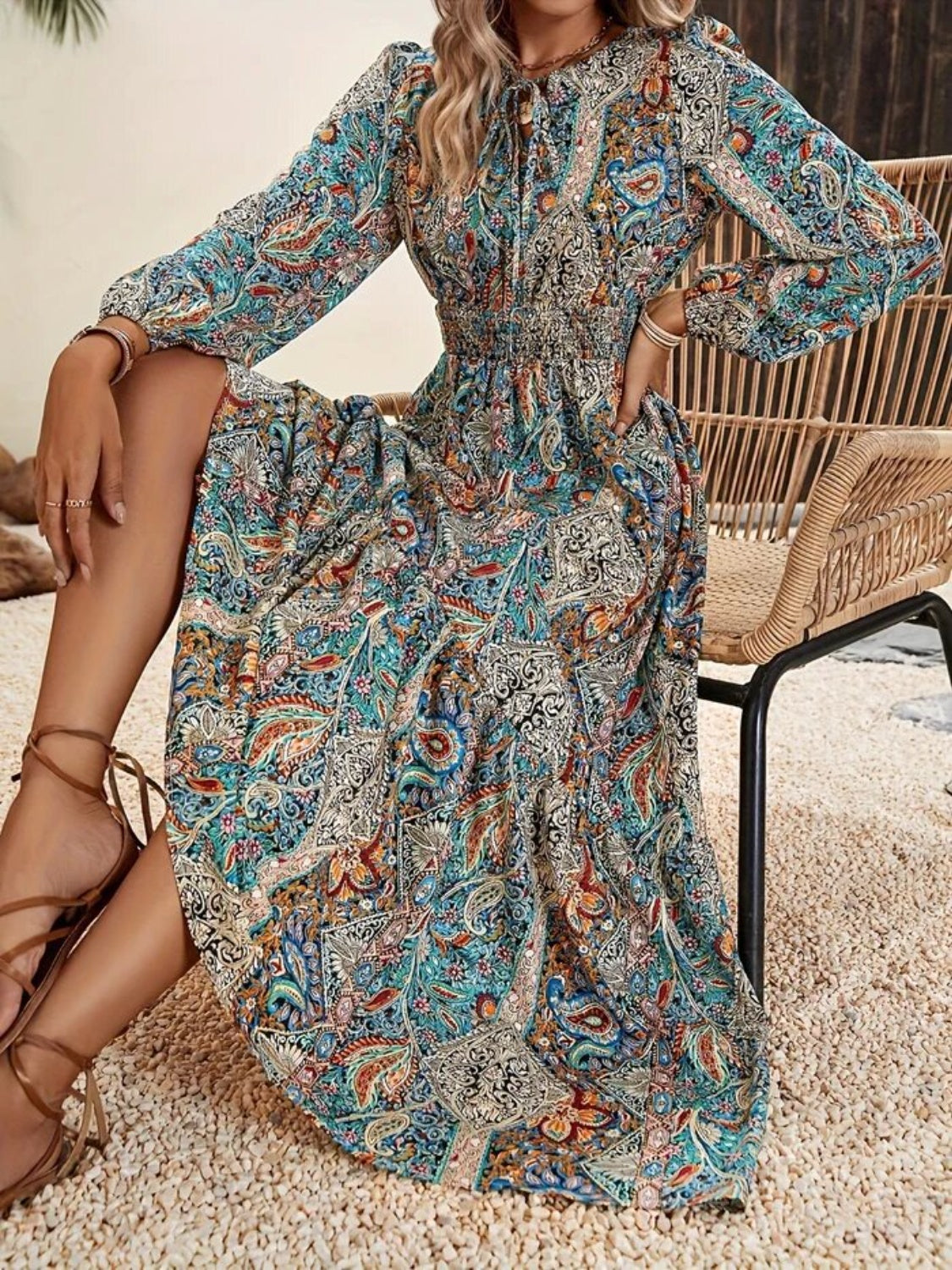 long sleeve floaty maxi dress Zebra PrettyLittleThing Floaty Woven Flared Sleeve Maxi Dress
