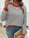 Devine Striped Round Neck Dropped Shoulder Sweater