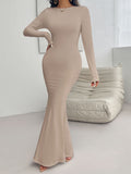 Devine Backless Round Neck Long Sleeve Maxi Dress