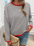 Devine Striped Round Neck Dropped Shoulder Sweater