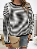 Devine Striped Round Neck Dropped Shoulder Sweater