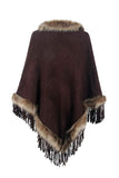 Faux Fur Trim Fringed Poncho